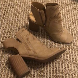 Tan open toe booties
